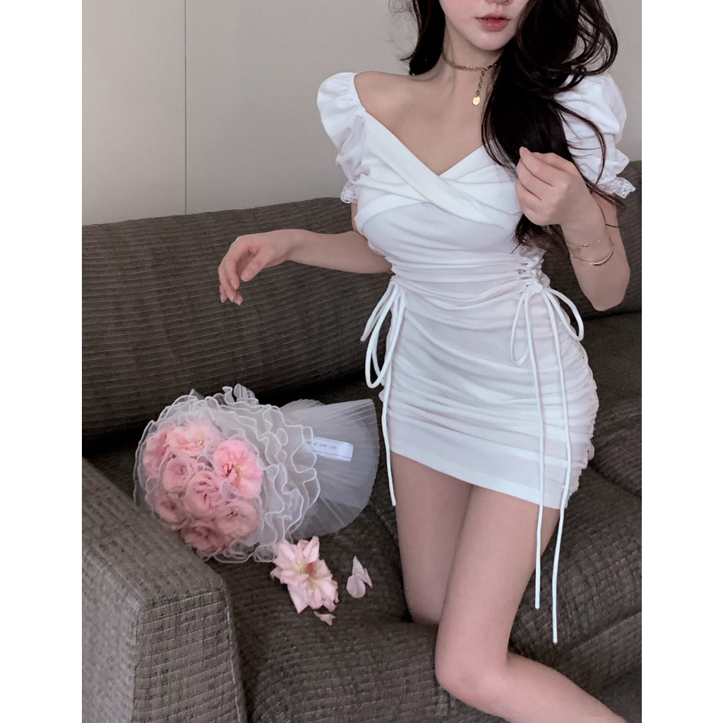 Đầm Ôm Dáng Tay Ngắn Cổ Chữ V Phối Ren Thời Trang Mùa Hè Mới Phong Cách Hàn Quốc Quyến Rũ Cho Nữ