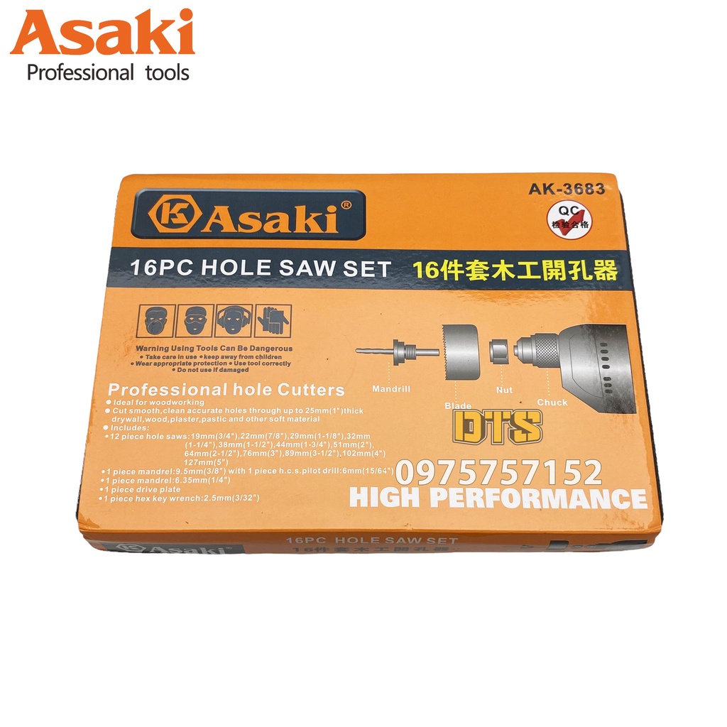 Bộ 12 mũi khoan khoét lỗ tròn thạch cao gỗ hãng Asaki AK-3683, bộ khoét lỗ trần thạch cao tạo lỗ loa, khoét nhựa hợp kim