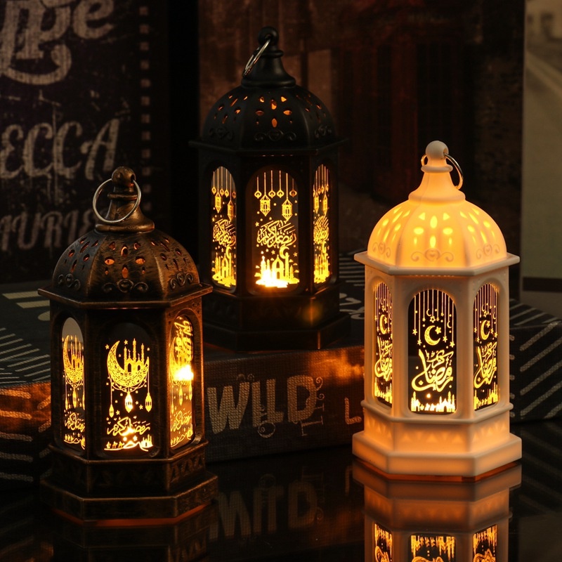 Eid Mubarak Ramadan Đèn LED Vàng Có Tay Cầm Trang Trí Ban Đêm Hình Đèn Lồng Hồi Giáo Ấm Áp Có Tay Cầm