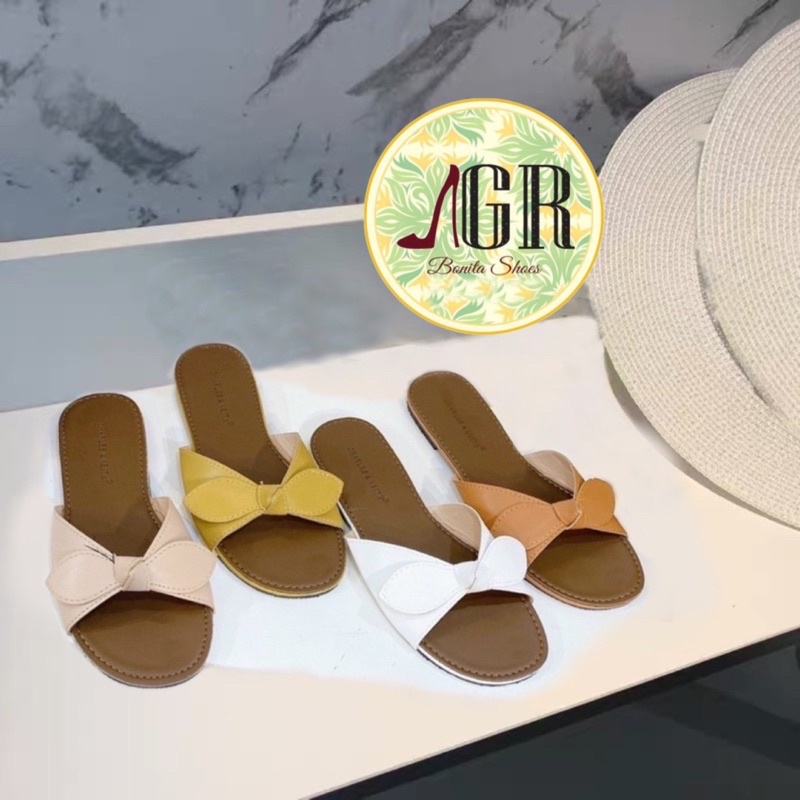 Dép mũi tròn bản nơ ú thắt lót nâu