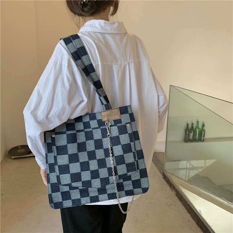 Túi đeo vai chất canvas sức chứa lớn họa tiết kẻ sọc hợp thời trang 2021 cho nữ