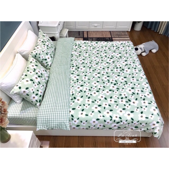 Bộ Chăn Ga Gối Cotton Poly Hoa Xanh