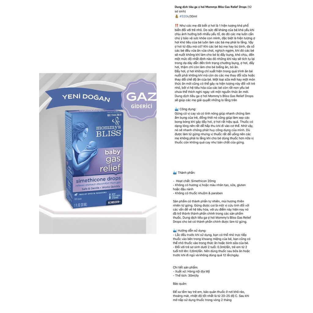 Siro Gripe Water Mommy's Bliss hỗ trợ tiêu ga, giảm đầy hơi, giảm đau bụng ở trẻ sơ sinh.