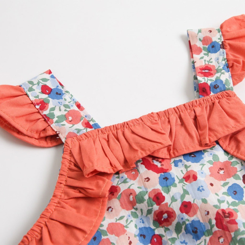 Bộ Áo Liền Quần Sát Nách Bằng Vải Cotton In Hoa + Băng Đô Cài Tóc Phối Bèo Thời Trang Cho Bé Gái