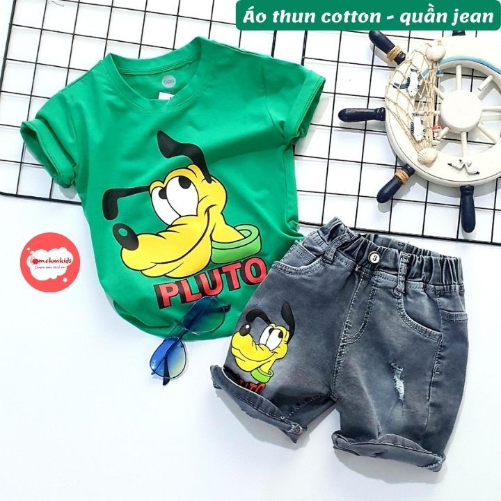 Đồ bộ bé trai jean hình Pluto từ 10-43kg -set jean bé trai-  Áo thun cotton - quần jean - Tomchuakids.