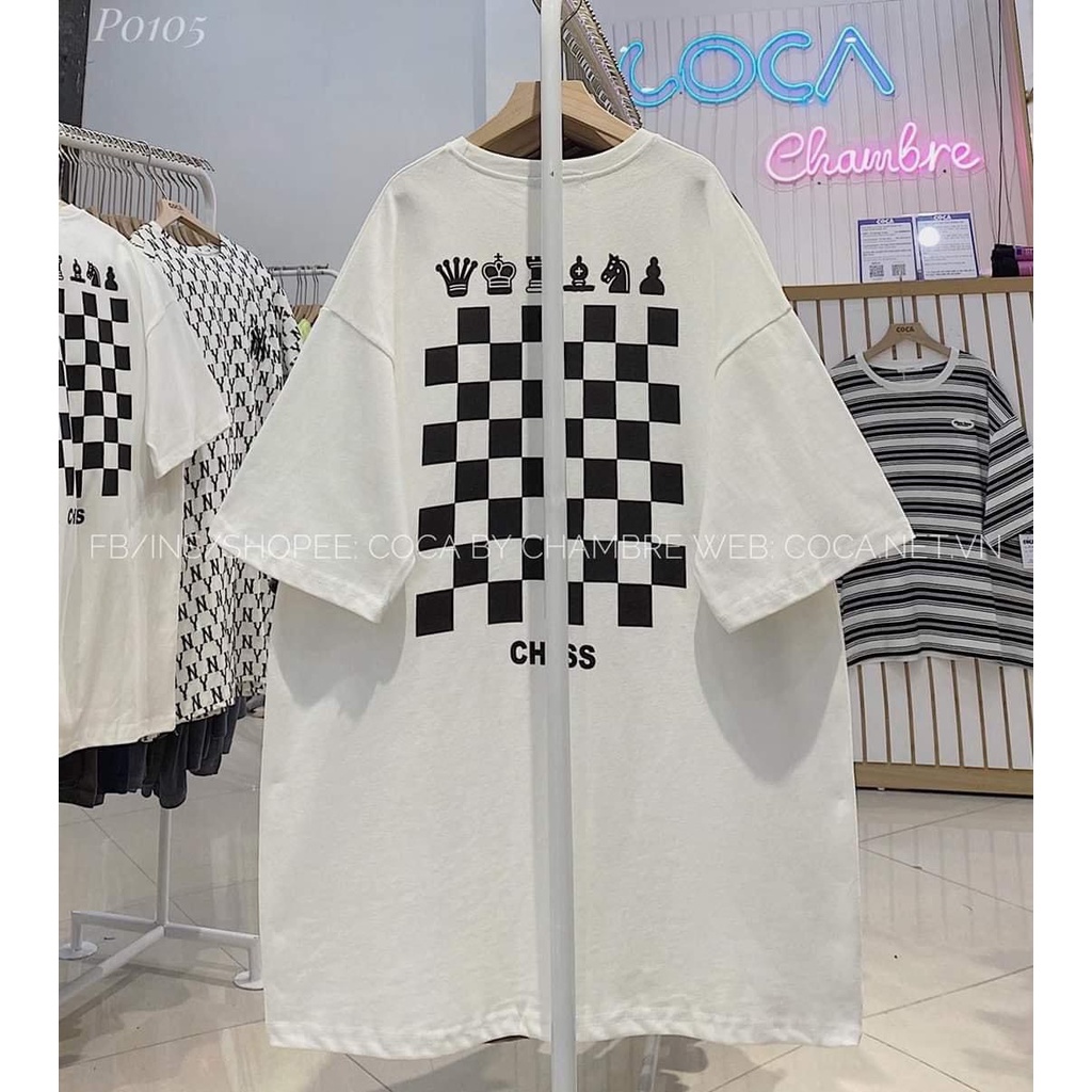 Áo phông cotton form rộng tay lỡ bàn cờ vua