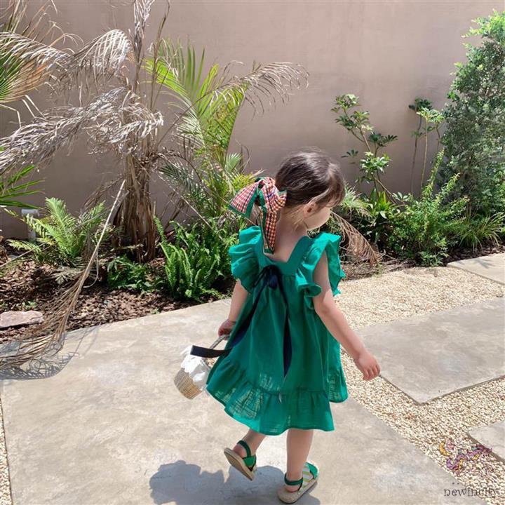 Đầm Công Chúa Tay Bèo Cổ Vuông Thắt Nơ Lưng Phong Cách Hàn Quốc Cho Bé Gái