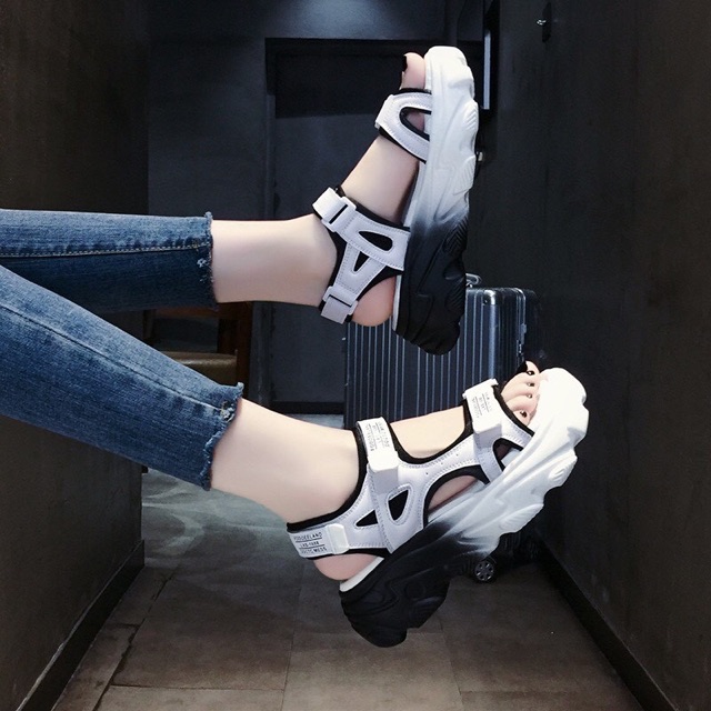Dép sandal quai dán nữ màu trắng phối đen mờ (free ship)