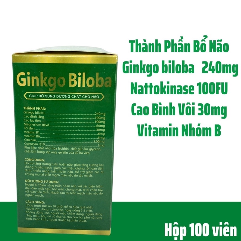 BỔ NÃO GINKGO BILOBA EXTRA 240mg hộp 100viên-Hỗ trợ tăng cường tuần hoàn não, lưu thông huyết mạch, hoạt huyết dưỡng não