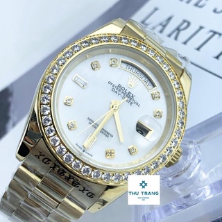 Đồng hồ nam Rolex đồng hồ cơ Automatic Rolex classic 2 lịch mặt KHẢM TRAI trắng viền đá size 40-41mm
