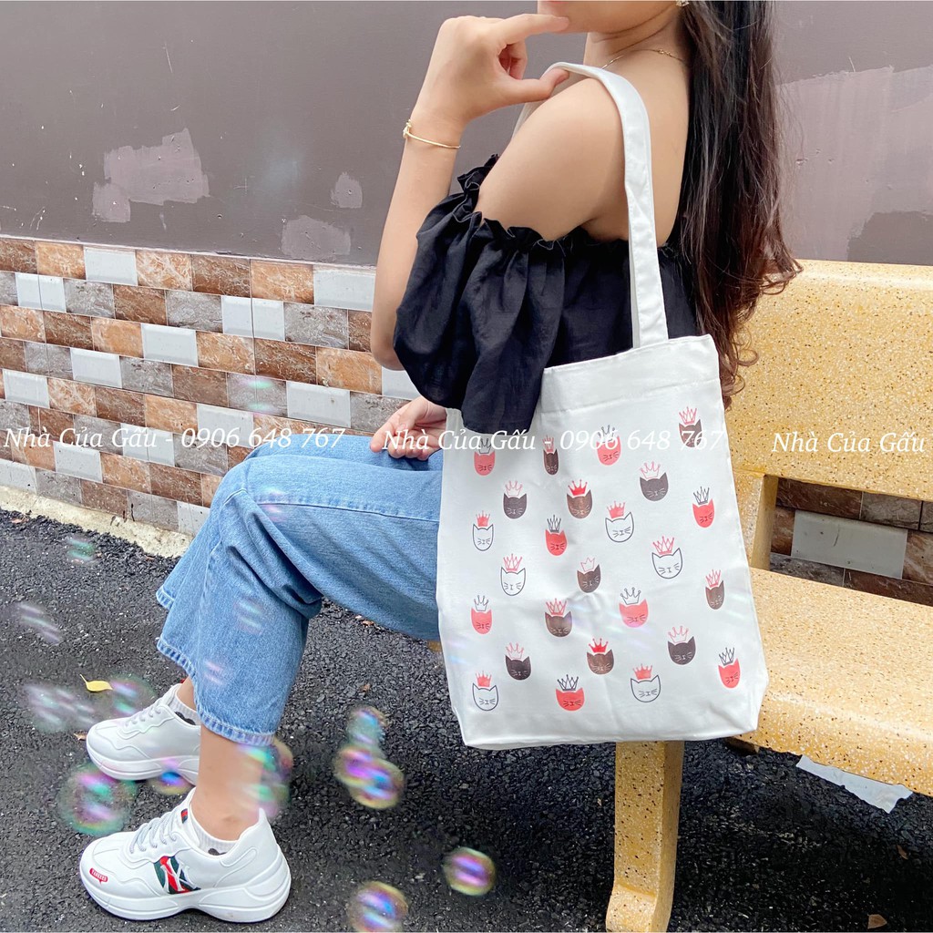 Túi tote vải canvas xịn mặt mèo cute