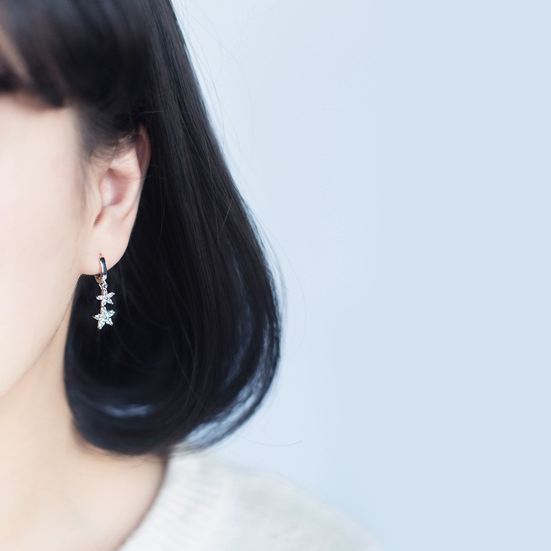 Khuyên tai bạc Ý s925 siêu phẩm hai đôi hoa 5 cánh thả dài E3919 - AROCH Jewelry