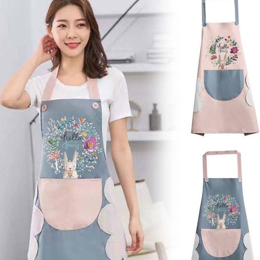 Tạp dề nấu ăn không thấm nước chống vấy bẩn khi pha chế làm việc nhà có chỗ lau tay 2 bên hông họa tiết thỏ xinh Dimino
