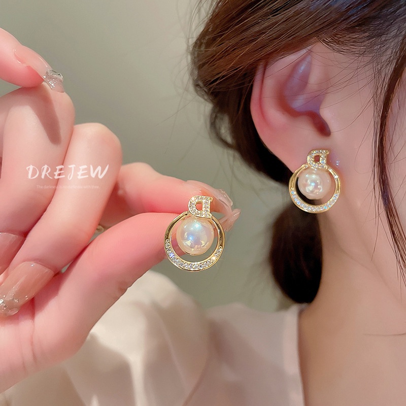 DREJEW Khuyên tai mạ vàng/ bạc đính đá zircon chữ nàng tiên cá ngọc trai cao cấp phong cách Pháp