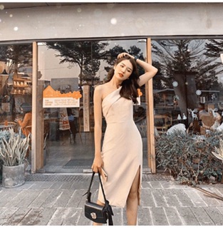 ĐẦM NUDE LỆCH VAI XẺ TÀ (KÈM HÌNH THẬT)