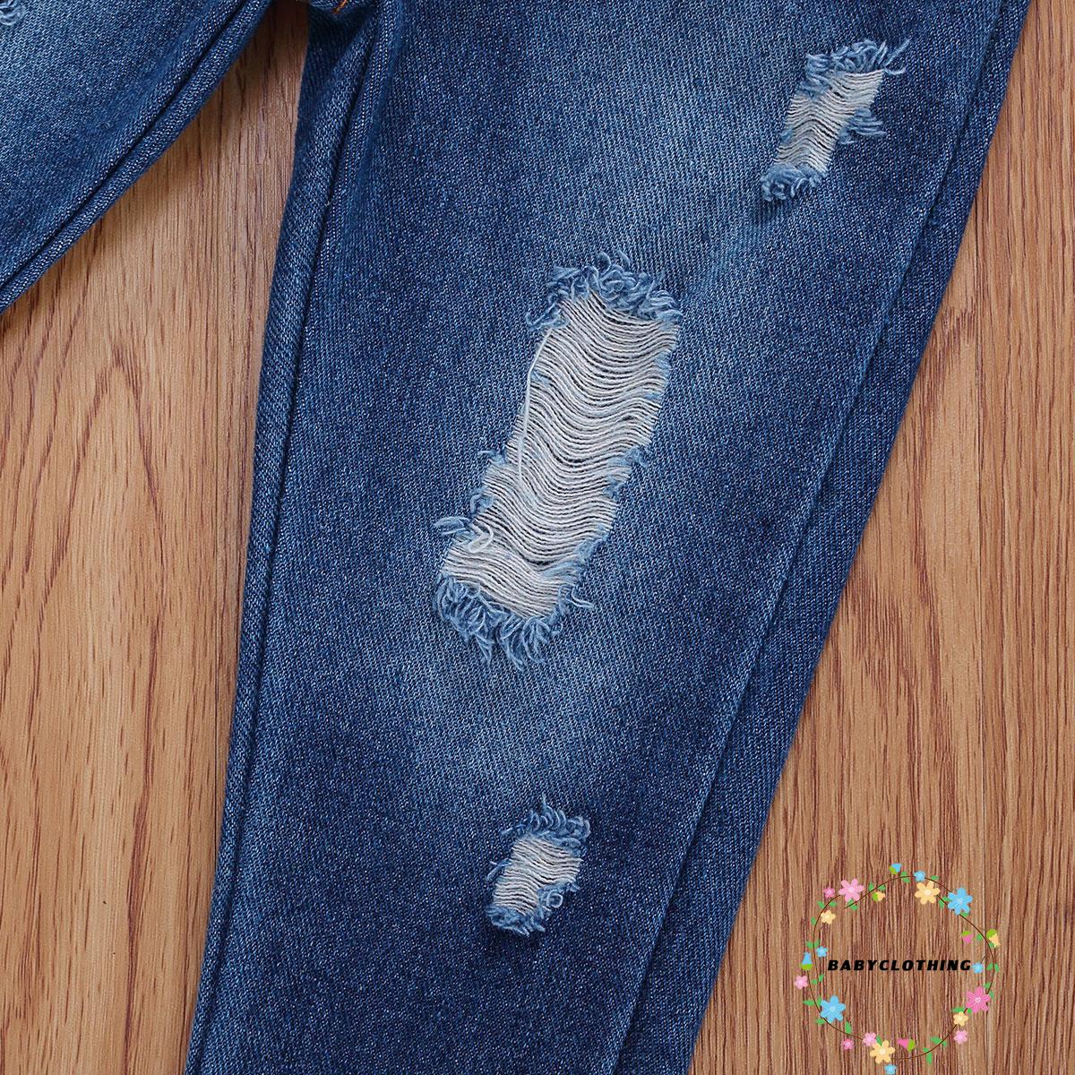 Set Áo Tay Dài Phối Bèo + Quần Denim Rách Cá Tính Cho Bé Gái