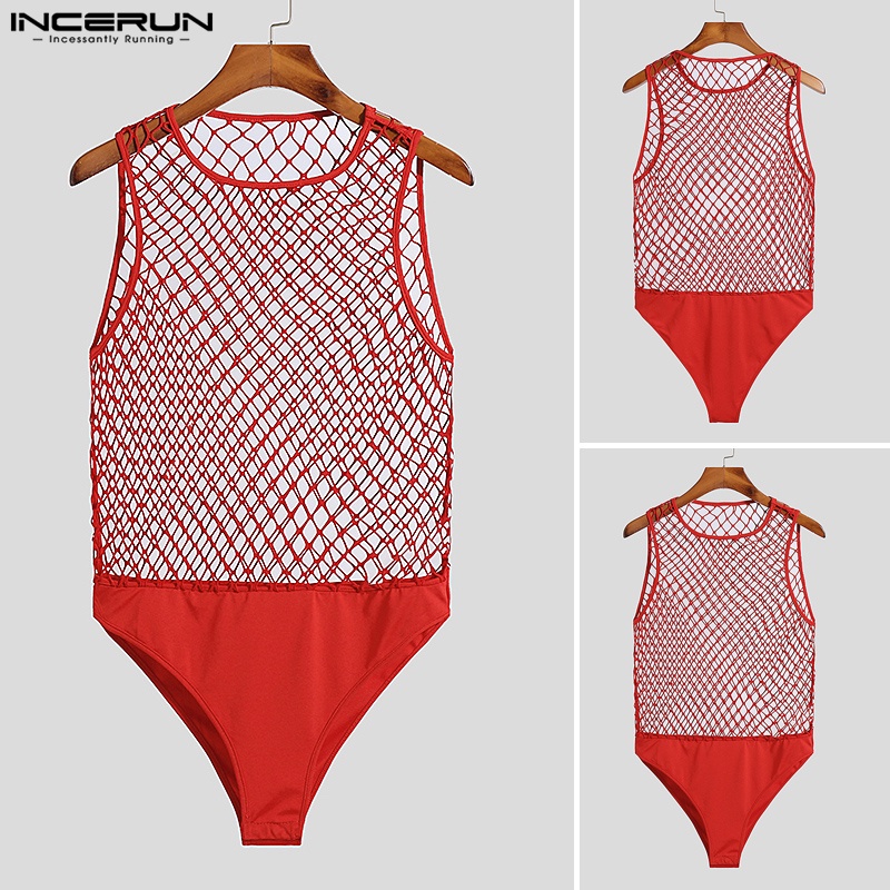 Áo lưới liền quần INCERUN xuyên thấu không tay gợi cảm cho nam