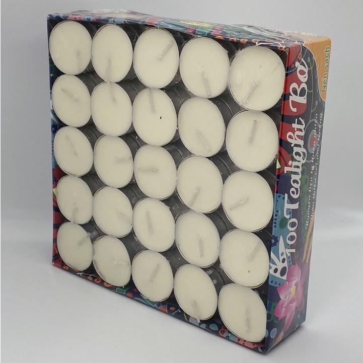 Nến tealight bơ sáp 100 viên/hộp không mùi không khói an toàn thăp hương thờ cúng khử mùi cháy 2h 3h