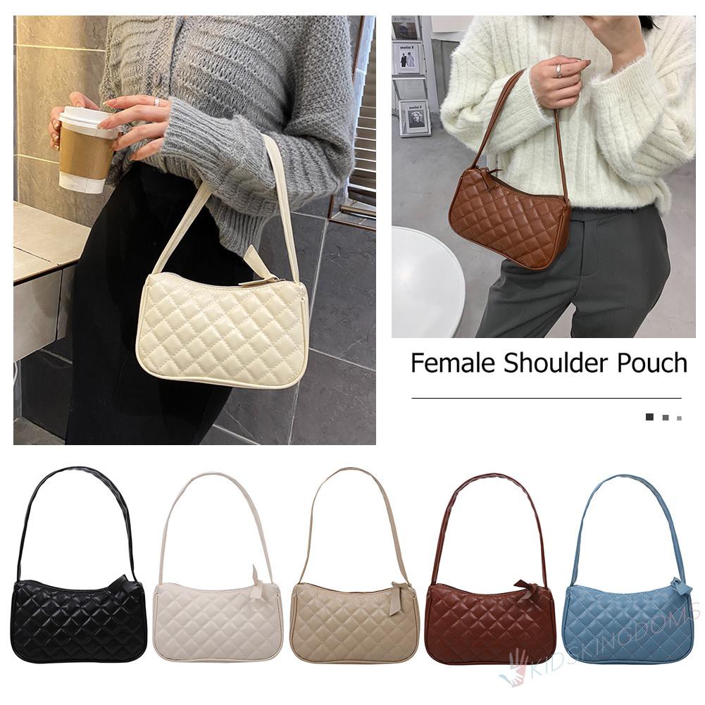 Women Lattice Pattern Shoulder Underarm Bag Solid PU Casual Handbags Totes