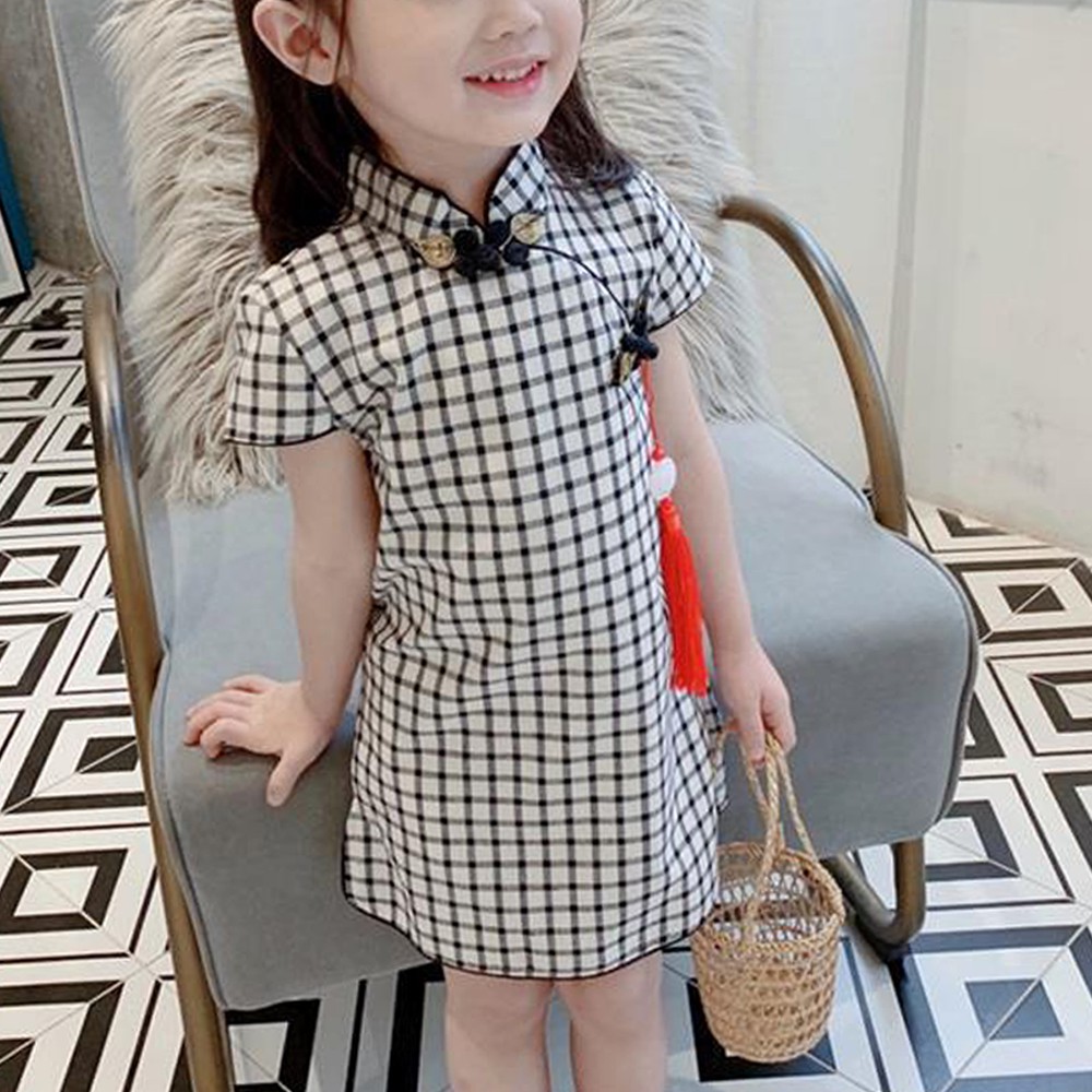 Đầm Sườn Xám Tay Ngắn Cổ Cao Chất Liệu Cotton In Họa Tiết Hoa Phong Cách Trung Quốc Xinh Xắn Cho Bé Gái