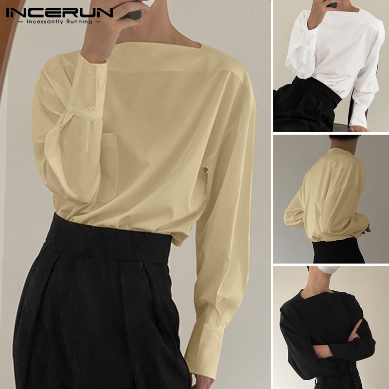 Áo thun INCERUN tay dài cổ rộng màu trơn thời trang Hàn Quốc cho nam