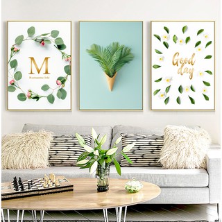 Bộ 3 tranh canvas treo tường lá và hoa tông xanh hiện đại TTC20- 30 x 45 cm x 3 tranh