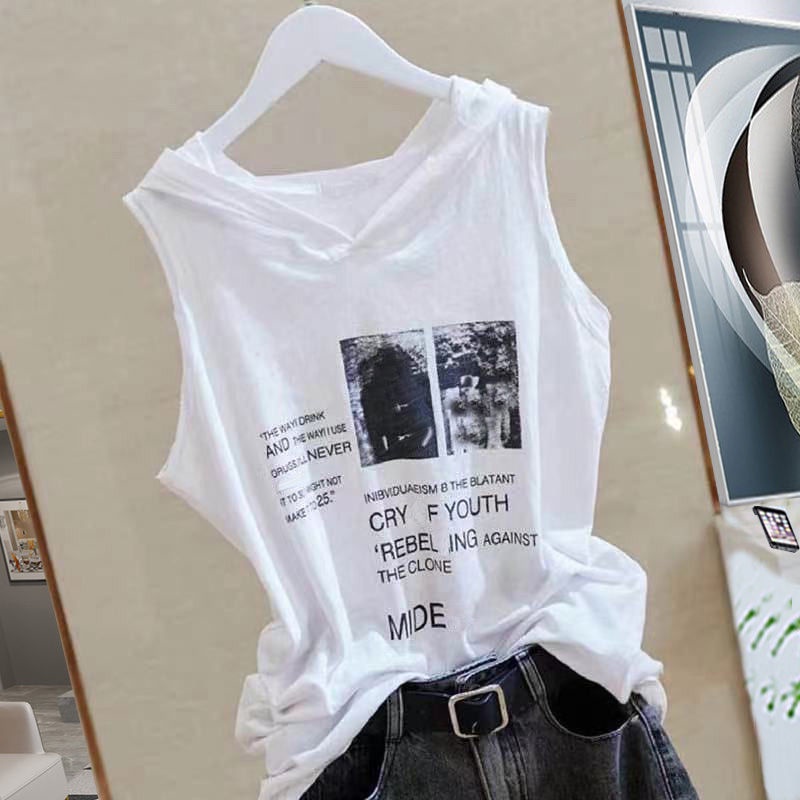 Áo Thun Sát Nách Có Mũ Trùm Dáng Rộng Bằng Vải Cotton Phong Cách Mới Thời Trang Xuân Hè 2023