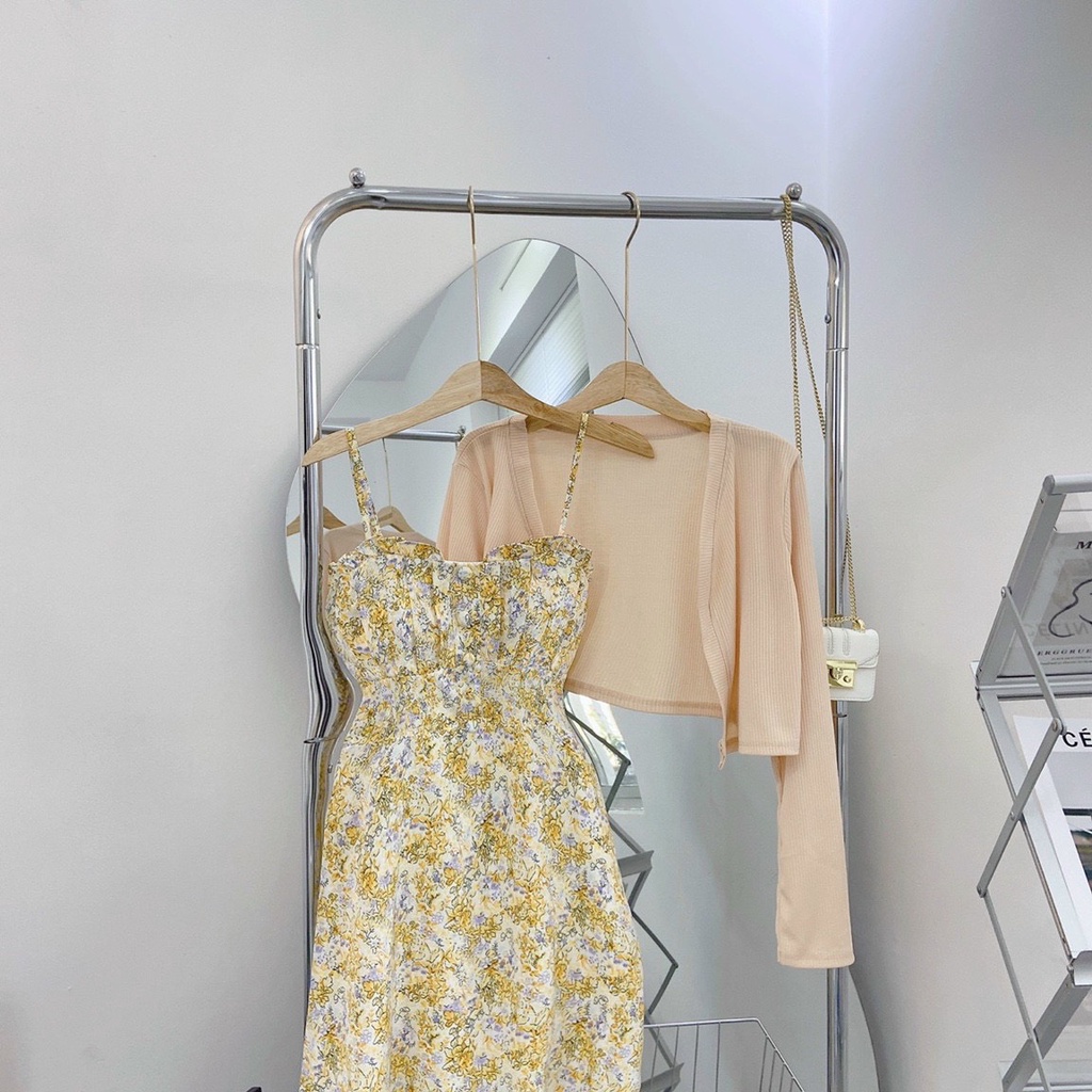 Set Đầm 2S 💖DEMISS💖 Set Đầm 2D Hoa Viền Bèo Kèm Khoác Crop Dễ Thương - SET-HOA-VÀNG-46