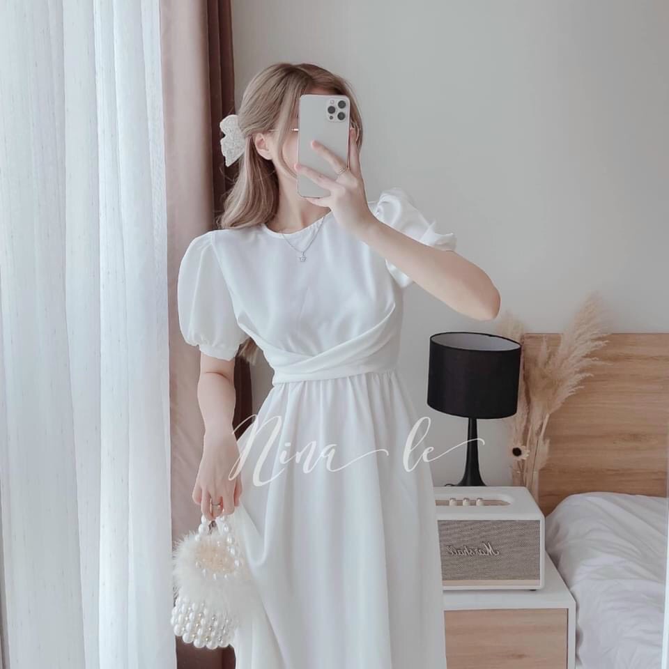 [HCM] Đầm Xòe Cổ Tròn Chéo Eo Phối Nơ Cột Sau Thời Trang Nữ Sam Closet Free Size 40-55kg