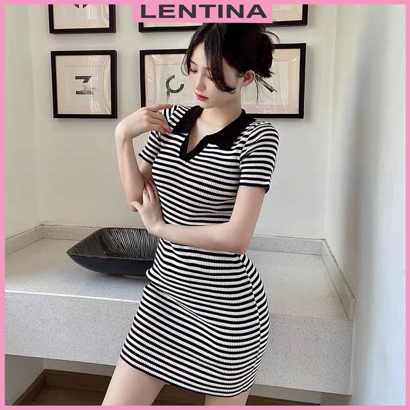 Váy body polo len nữ tay ngắn dáng ôm kiểu cổ bẻ dệt kim co dãn 4 chiều hàng Quảng Châu cao cấp