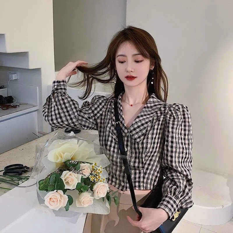Áo sơ mi BH họa tiết caro tay dài phong cách cổ điển Hàn Quốc xinh xắn cho nữ