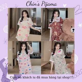 Đồ bộ Nữ pijama lụa mango, Bộ Ngủ mặc nhà Cổ Bèo tay cộc quần đùi dễ thương