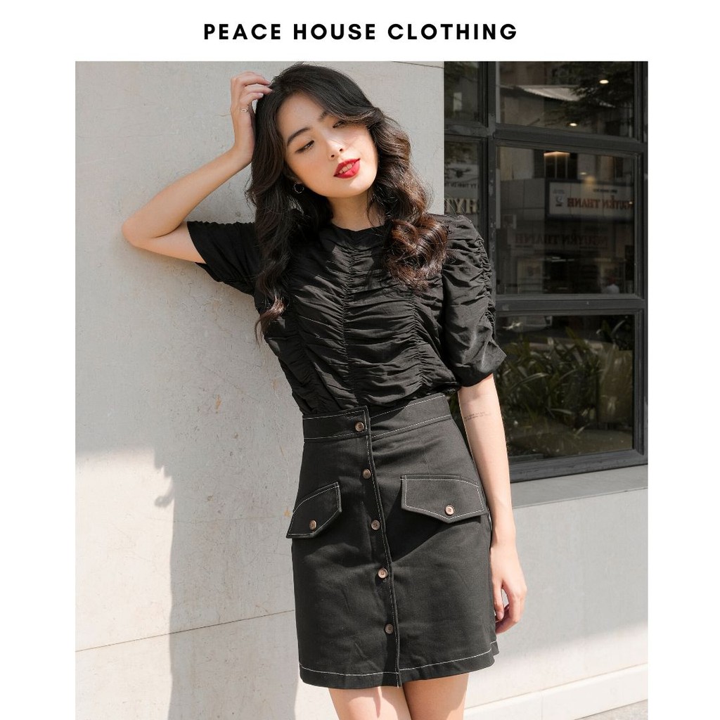 Váy kaki chỉ nổi, Váy chữ A kết nút, Peace House Clothing