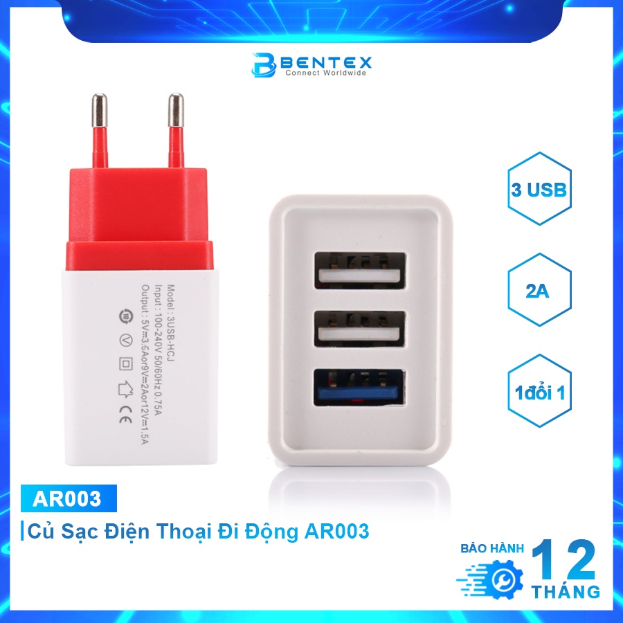 Củ Sạc Điện Thoại Đi Động AR003 3USB-2A  Đốc Sạc Thông Minh Tiện Lợi An Toàn Cho Mọi Loại Thiết Bị - BENTEX