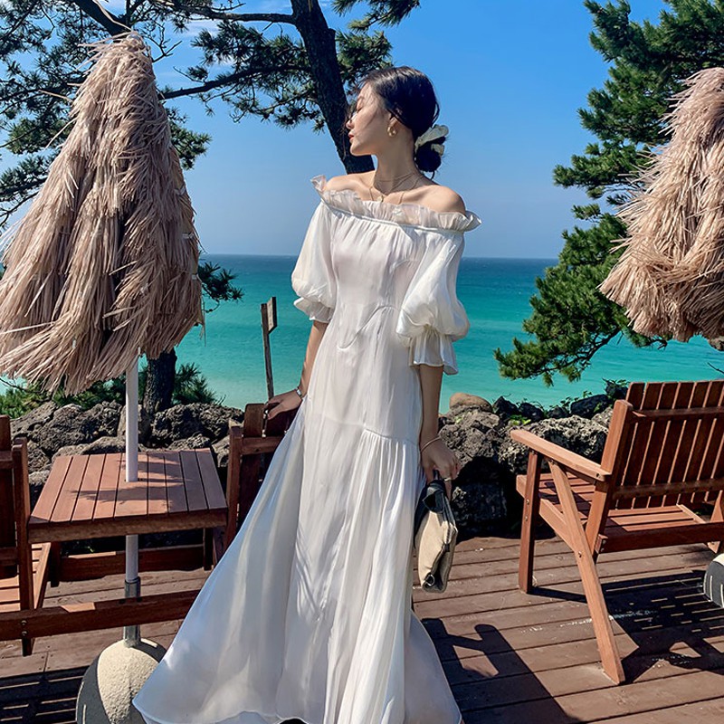 SẴN Đầm trắng trễ vai hở lưng Vintage tiểu thư chất đẹp hàng Quảng châu CHẤT VẢI ẢNH THẬT CUỐI J0041