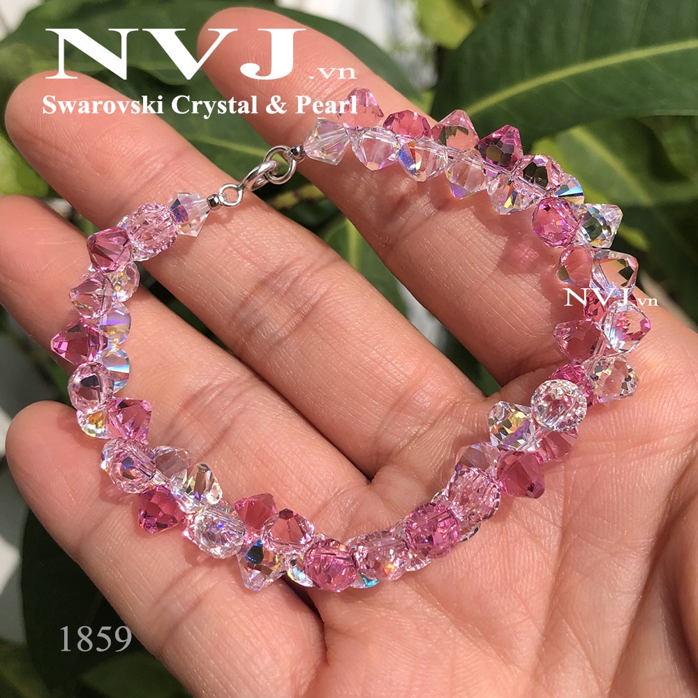 Vòng tay pha lê Swarovski 3 màu hồng rose 209, light rose 223 & crystal 001AB hạt nón xỏ đầu pendant 6328, khóa bạc tròn