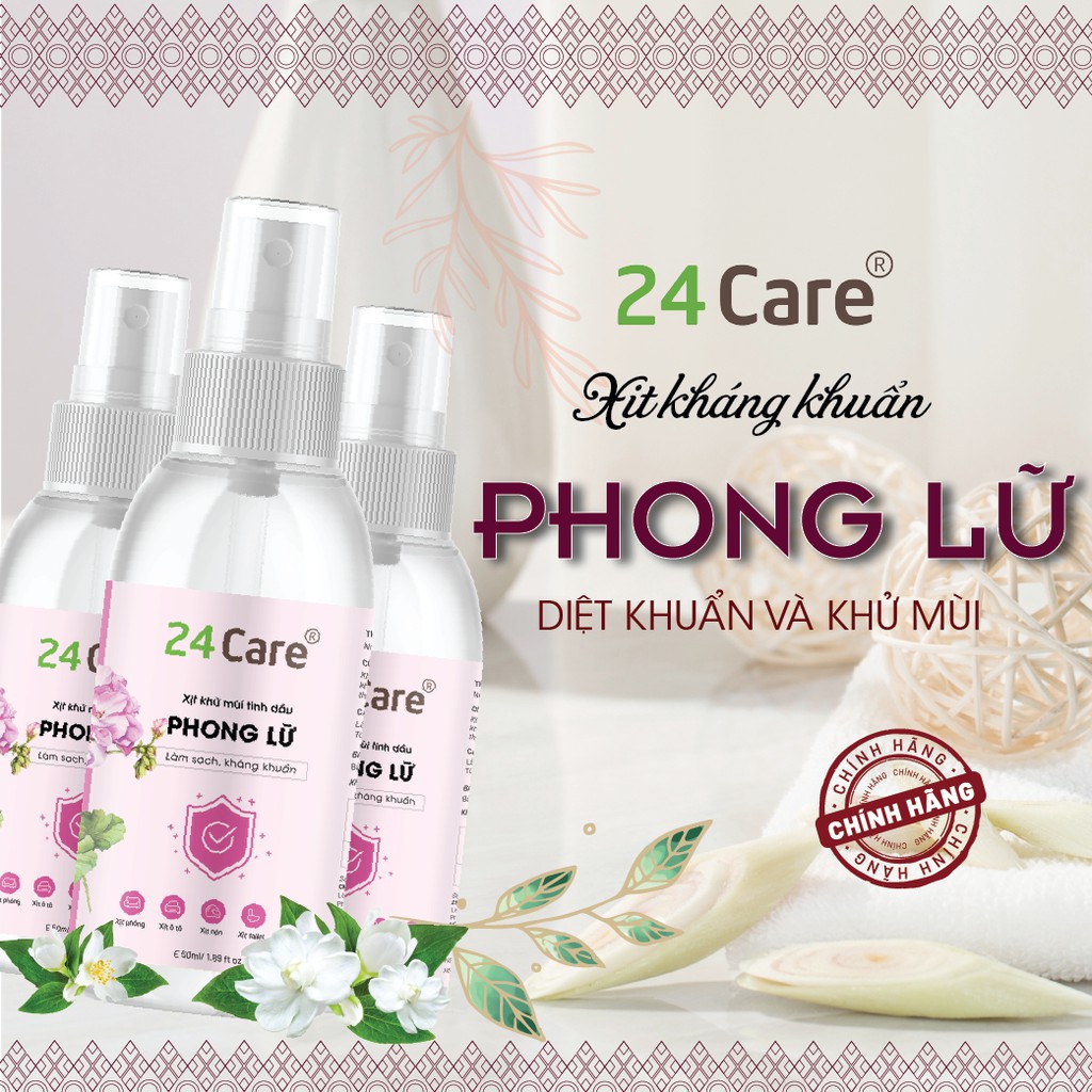 Xịt phòng tinh dầu Phong Lữ 24Care 50ml - kháng khuẩn, khử mùi hôi, đuổi muỗi, côn trùng