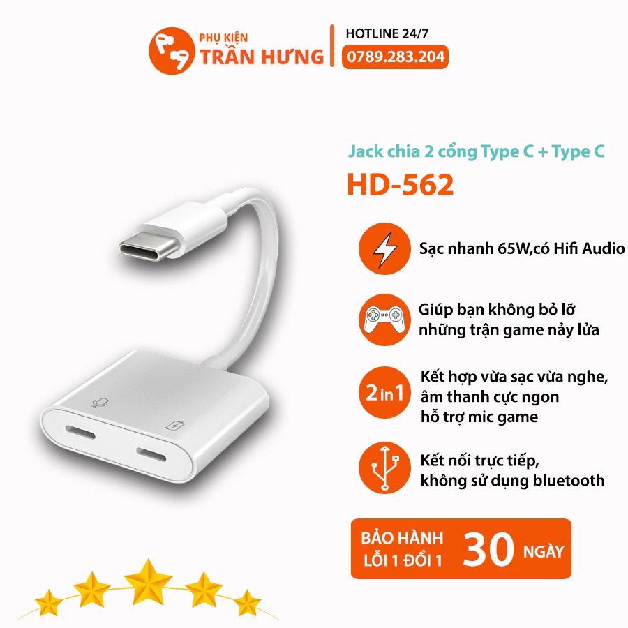 Jack Chuyển Đổi Chia 2 Cổng Type C + Type C | Sạc nhanh PD 3.0 60W Có Mic Cho Samsung,Huawei.
