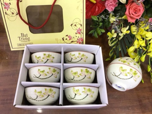 Bộ 6 bát cơm phong cách hiện đại gốm Bát Tràng (kèm hộp đựng làm quà biếu tặng)