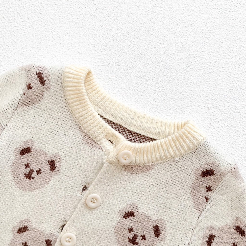 Bộ Áo Liền Quần Cardigan Tay Dài In Hình Gấu Dễ Thương Thời Trang Thu Đông Cho Bé Gái