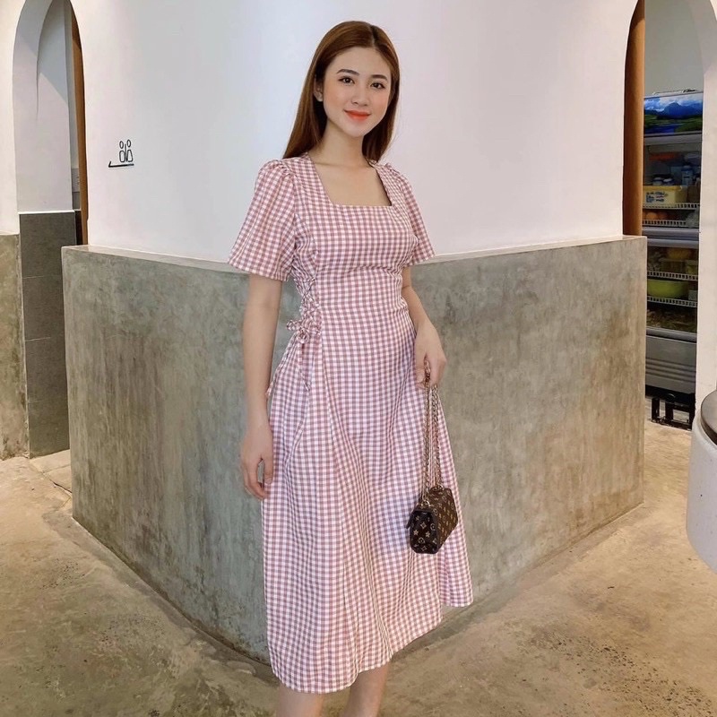 Đầm váy caro xanh cổ vuông đan dây eo