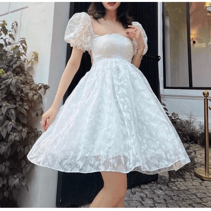 Đầm Tơ Bướm Hở Lưng  Có Lót Cho TIểu Thư Đẹp Y Hình UP