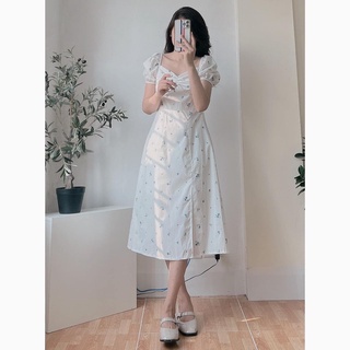 Váy hoa xanh xẻ đùi dáng dài, chất liệu thô 2 lớp