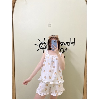 Bộ pyjama 🍓 ảnh thật 🍓pyjama gấu nâu hai dây mặc nhà chất siêu mát, cute, dễ thương, bộ đồ ngủ nữ hè