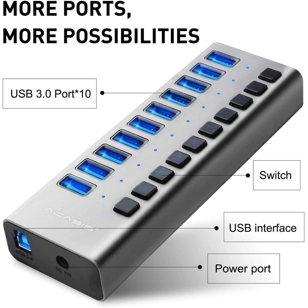 Bộ Chia 10 Cổng USB 3.0 ACASIS 12V / 4A Cho Laptop / PC / Mobile HDD