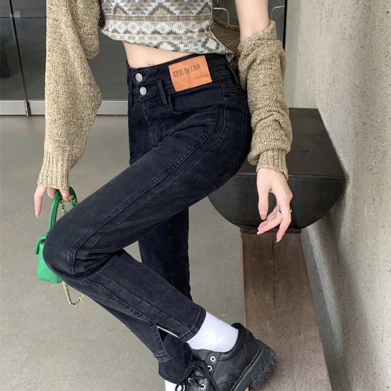 Quần jeans đen lưng cao xẻ ống thời trang cho nữ