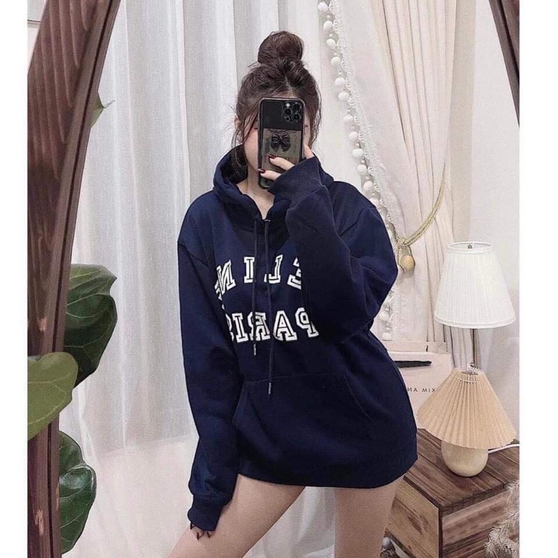Áo Nỉ Hoodie Mũ Paris Màu Xanh Than Dáng Rộng Giấu Quần