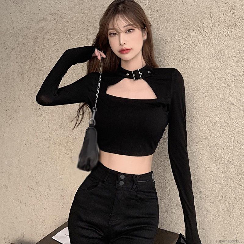 Áo Thun Croptop Tay Dài Cổ Vuông Hở Bụng Thời Trang Hàn Quốc Dành Cho Nữ