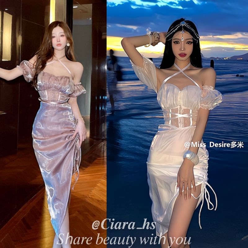 (T33) Váy đầm trễ vai voan lụa ánh nhũ Tiểu thư sang chảnh phối ren ôm body
