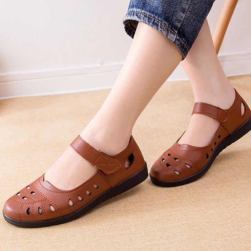 RENBEN Giày da Renben đế cao su mềm thoáng khí chống trượt có quai đeo mắt cá chân cho nữ